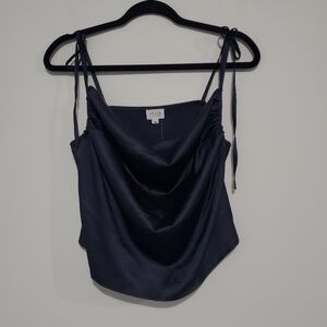 Le Lis Satin Cowl Neck Spaghetti Strap Tank Top Elegant Navy Blue Size Large NWT